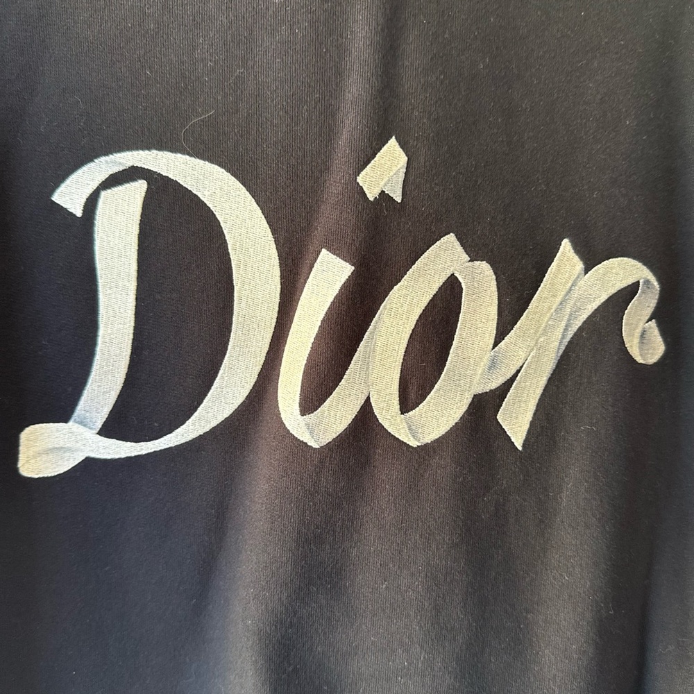 Dior Black Crewneck Hoodie with White Logo and Beige Trim - Picture 2 of 5
